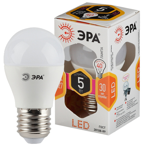 Лампа светодиодная LED Эра P45 E27, 5 Вт 827, теплый свет