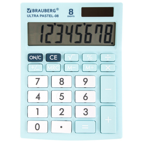 Калькулятор настольный BRAUBERG ULTRA PASTEL-08-LB, КОМПАКТНЫЙ (154x115 мм), 8 разрядов, двойное питание, ГОЛУБОЙ, 25051