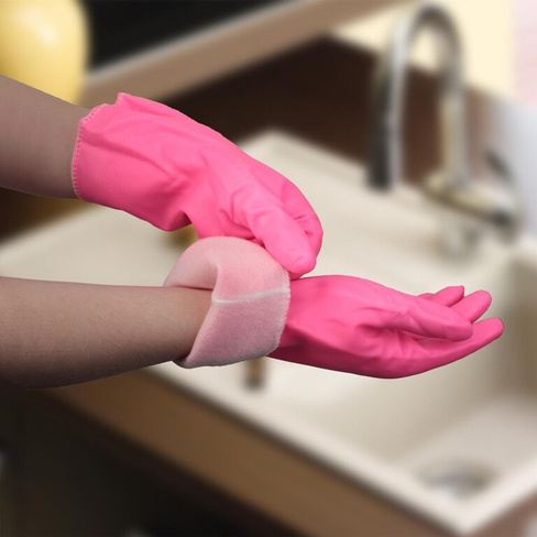 Перчатки хозяйственные резиновые доляна, с подкладом, размер l, 90 гр, цвет розовый Доляна
